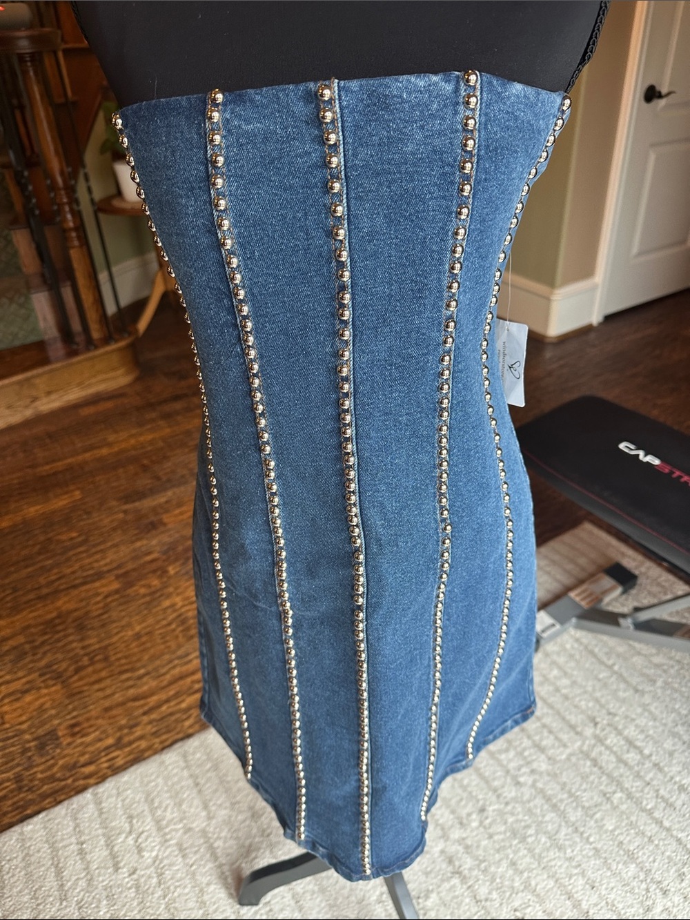NWT Tell Me About it Stud-Trim Blue Denim Women's Jeans strapless dress